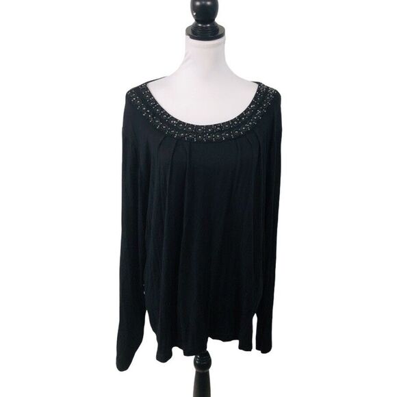 Sag Harbor Flowy Knit Top Plus 3X Black Beaded Neckline Pullover Long Sleeves - Picture 1 of 9